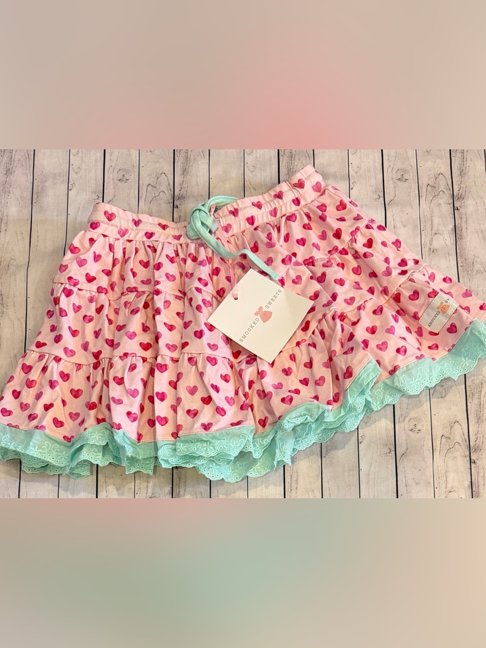 Smocked Sweets size 6 Pink Heart Tiered Skirt with Mint Lace Trim